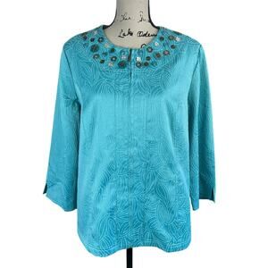 Alfred Dunner Full Zip Jacket Women Size 16 Aqua Blue Beaded Embellished Coastal